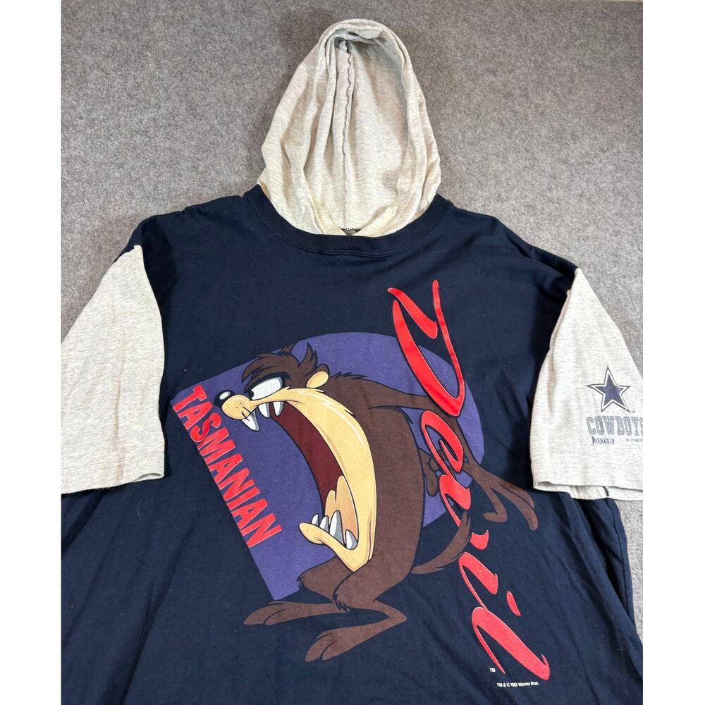 Vintage 90s Looney Tunes Tasmanian Devil Hooded T Shirt Mens XL Dallas Cowboys